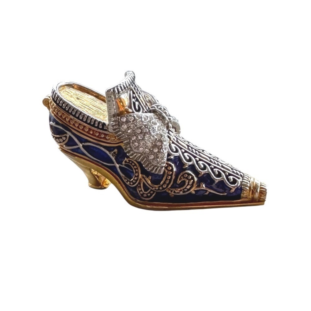 Vintage Style Blue Enamel Rhinestone Bow High Heel Shoe‎ Hinged Trinket Box